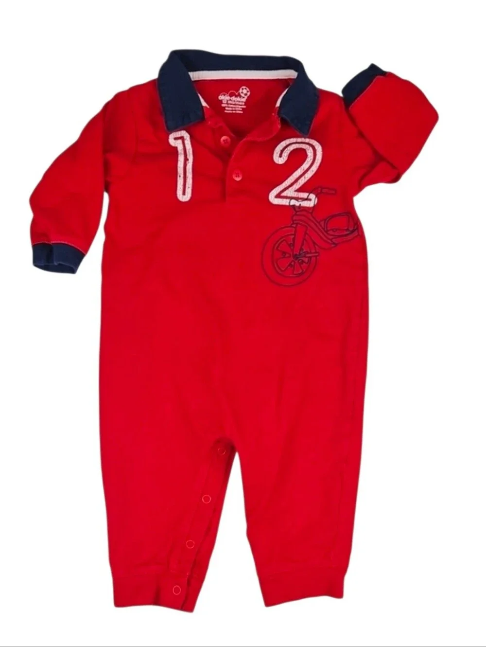 12 Mos. Vintage Baby Jumpsuit Red Cotton Car Scooter Theme Pants Longsleeve
